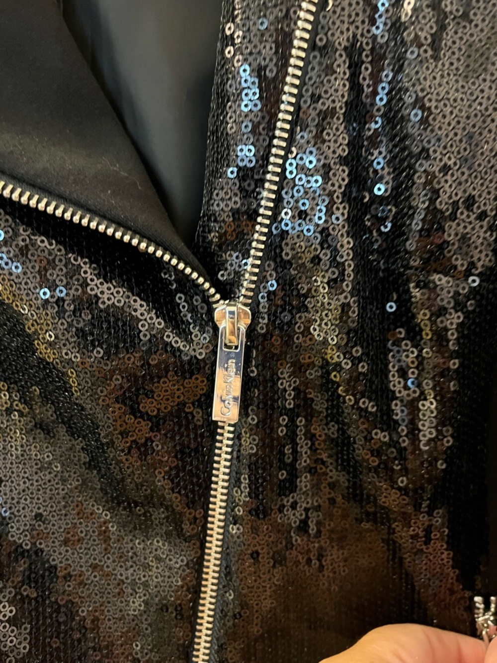 Calvin Klein Black Sequin Moto-Style Blazer Jacket PTP 19/L 21 - Picture 5 of 8